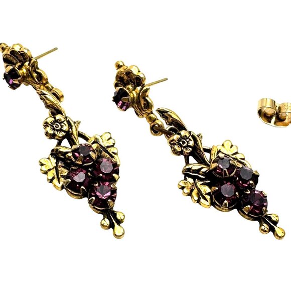 Avon Gold-Tone Dangle Drop Earrings Purple Rhinestones Grape Motif Vtg MCM - Picture 1 of 10